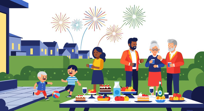 Multi Generational Family Celebrating Outdoors in Garden With Food and Colorful Fireworks in Twilight Sky