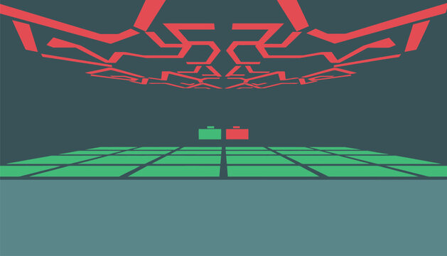 Futuristic Arcade Game Hud Background with Red Geometric Arrows, Green Grid Floor, and Central Glowing Icons