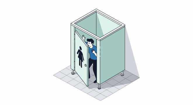 A man in a blue shirt is startled as he opens the door to a women's restroom stall