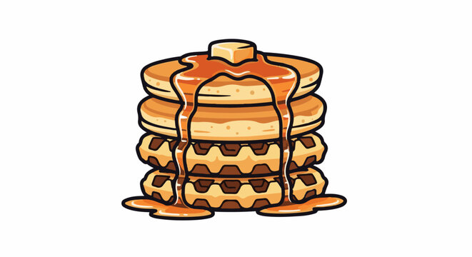 A tall stack of golden brown pancakes and waffles dripping with sweet, warm syrup and topped with a square of butter