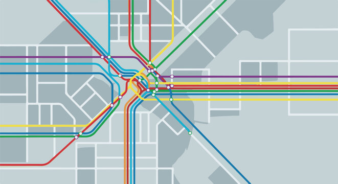Colorful abstract map illustration with interwoven transit lines and simplified urban background