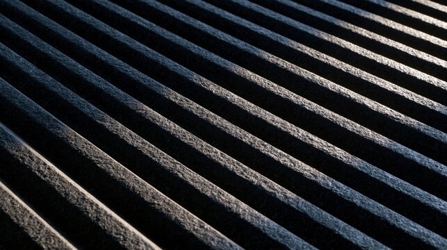 Close-up of a dark ribbed metal surface with parallel ridges and dramatic shadows in an industrial setting.