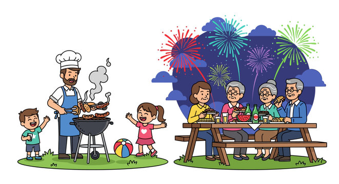 Multi Generational Family Enjoying Backyard Barbecue With Grilling Man Playing Children and Grandparents Under Festive Night Fireworks