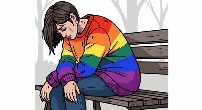 Lonely individual in rainbow sweater cries on park bench amidst bare trees