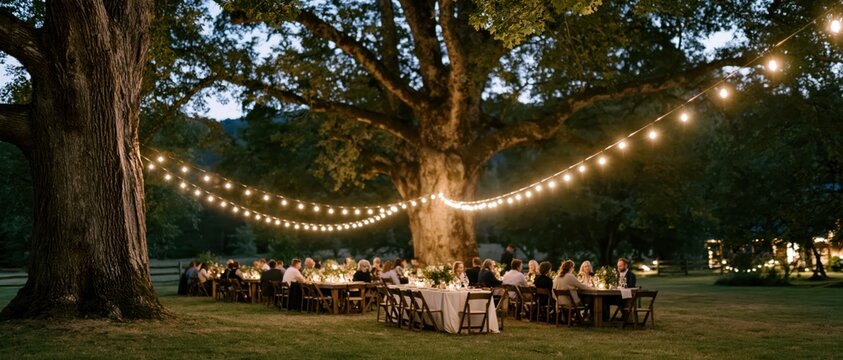 An enchanting outdoor dining setup under majestic trees, adorned with soft twinkling lights, inviting guests for a cozy and stylish evening gathering or celebration.