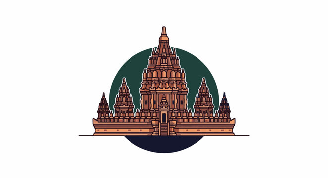 Stylized pixel art of a large ancient temple with multiple towers, set against a dark green circular backdrop