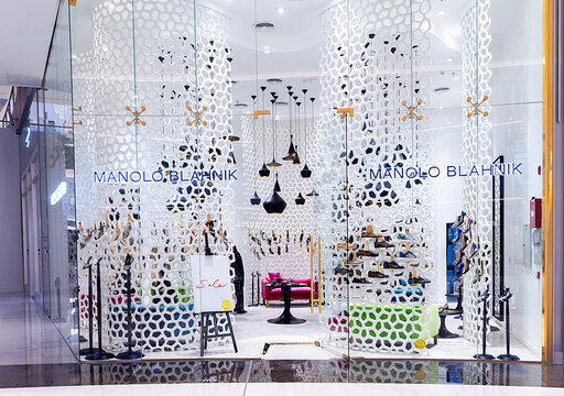 UAE, DUBAI, MAY, 05, 2026: The exquisite interior of the Manolo Blahnik boutique in Dubai Shopping Mall, UAE. Manolo Blahnik is the creator of the most comfortable shoe last in the world.
