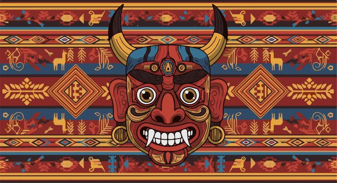 A striking red demon mask with sharp teeth and horns, set against a vibrant, patterned background