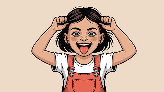 Playful young girl wearing orange overalls makes a funny face by pulling her hair and sticking out her tongue with a lot of enthusiasm.