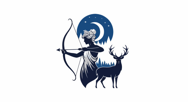 A mythical female archer aims her bow and arrow beside a noble stag under a crescent moon and starry sky