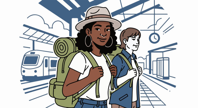 Two travelers with backpacks at a train station