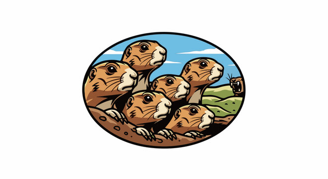 A group of prairie dogs peek out from their burrow while a predator approaches on a sunny day