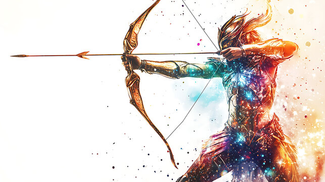 Sagittarius deity aiming astral bow, armor reflecting starlight with Sagittarius symbol, English zodiac name at top, vibrant style on white 