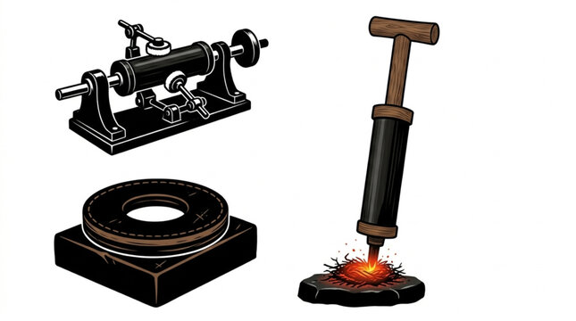 ​Vintage physics laboratory equipment set with mechanical induction coil apparatus circular induction ring base and t handle pneumatic fire piston compression igniter tool generating spark on tinder 