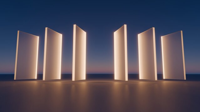 Abstract 3D minimalist background with glowing rectangular monoliths or gates under a twilight sky. Perfect for futuristic architectural concepts, exhibition staging, and modern web banners