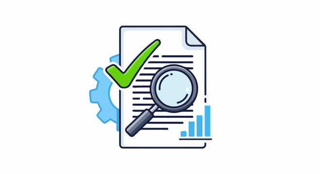 Document analysis with magnifying glass, checkmark, gear, and bar chart