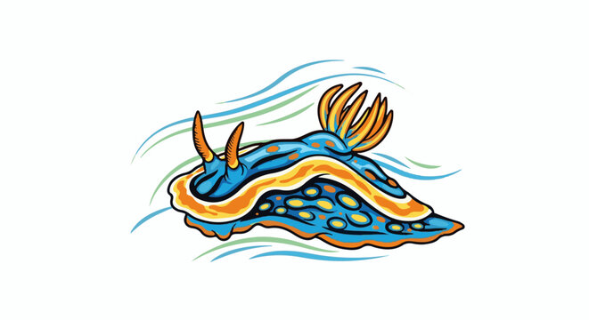 Vibrant blue sea slug with orange and yellow accents, stylized marine waves