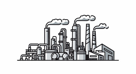 Fototapeta premium A stylized illustration of a complex industrial facility with smoking chimneys and interconnected pipes