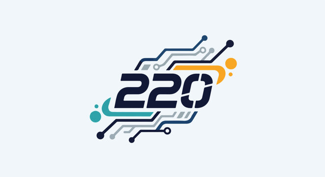 Abstract digital lines and circuits form the number 220 with a light blue background