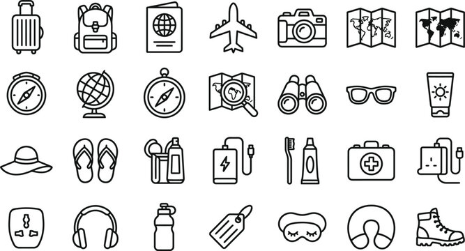 Travel Essentials Icon Set, Worldwide Vacation Outline Line Art