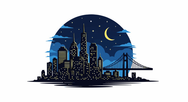 Stylized cityscape at night with crescent moon, stars, and a bridge