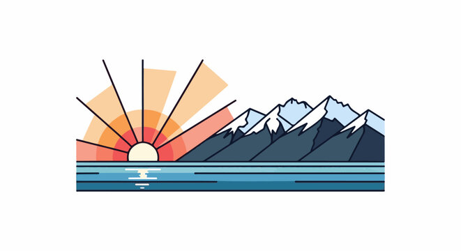 Stylized sunrise over a calm sea, with snow-capped mountains in the background
