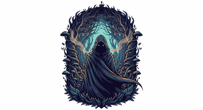 Eerie hooded figure emerges from a dark, mystical forest portal surrounded by mushrooms