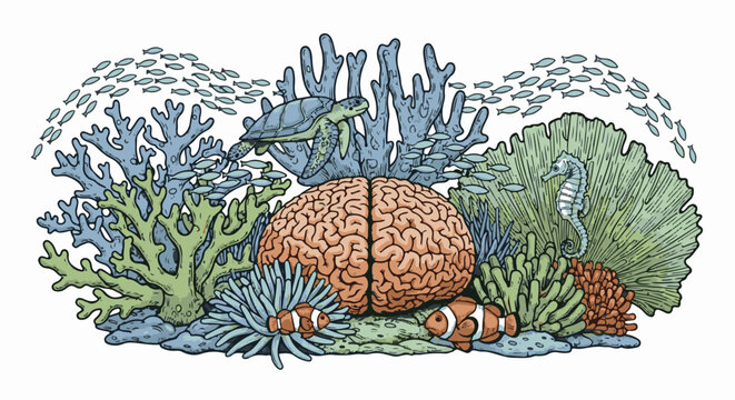 An anatomical brain submerged in a vibrant coral reef with marine life