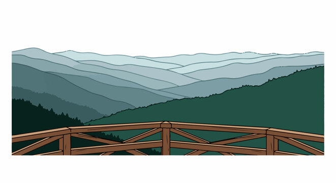 A wooden railing overlooks rolling blue-green mountains fading into the distance under a pale sky