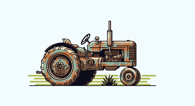 An old, rusty, and weathered tractor with large rear wheels, set against a light blue and green background