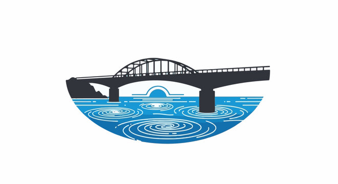 A dark silhouetted bridge spans over a bright blue body of water with swirling patterns
