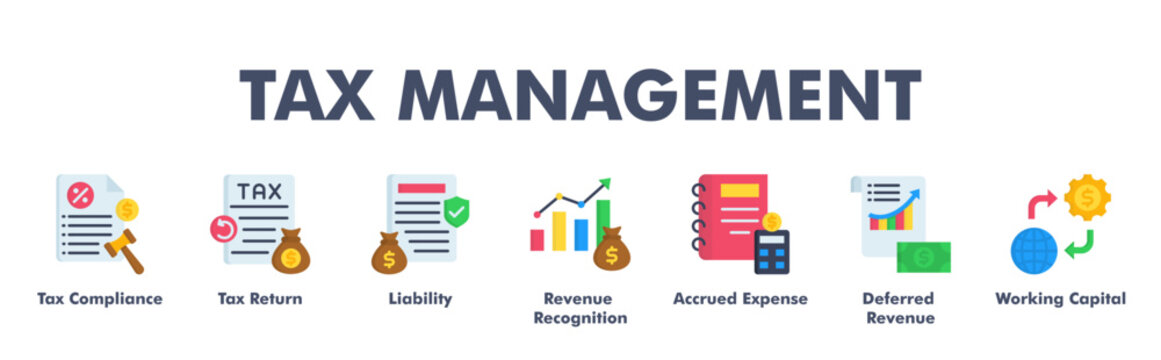 TAX MANAGEMENT web banner icon vector illustration concept for business with icon of Tax Compliance, Tax Return, Liability, Revenue Recognition, Accrued Expense, Deferred Revenue, Working Capital