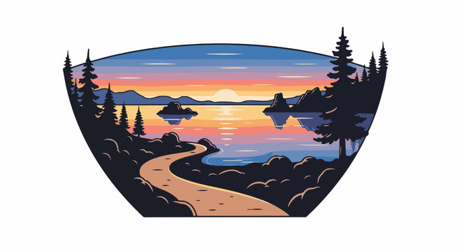 Pixelated sunset over a serene lake with a winding path leading to the water's edge