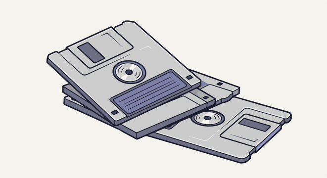 A stack of three grey floppy disks, with purple accents, on a light beige background