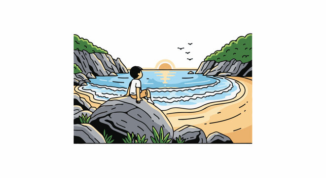 A child sits on a rock, gazing at a serene beach at sunset, surrounded by cliffs