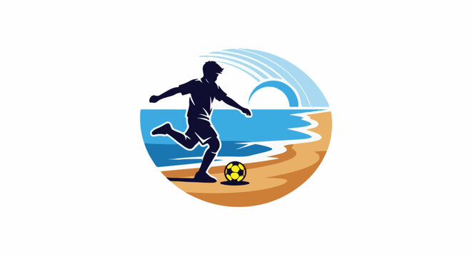 Silhouette of a person playing soccer on a sandy beach with ocean waves and sunset in the background