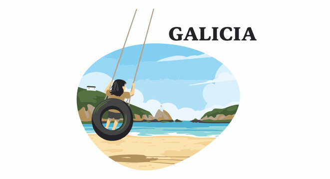 Young person on tire swing overlooks a scenic bay with rolling hills under a blue sky