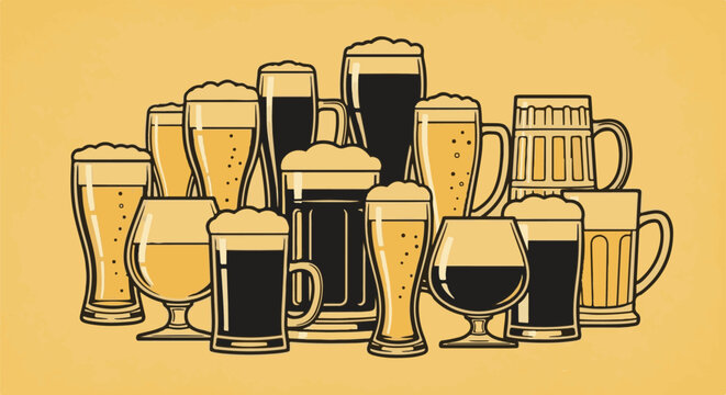 A collection of various beer glasses and mugs filled with amber and dark liquids, topped with frothy foam, on a textured yellow background
