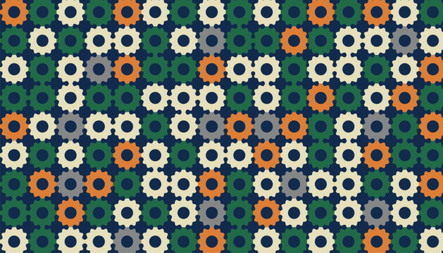 Geometric Gear Pattern with Repeating Orange Green Navy and Cream Cogs and Circular Holes for Seamless Background Design