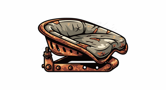 Rustic, weathered tractor seat with worn, cracked upholstery and rusty metal frame
