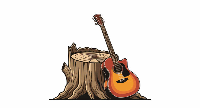 Acoustic guitar leans against a weathered tree stump, evoking nature and music