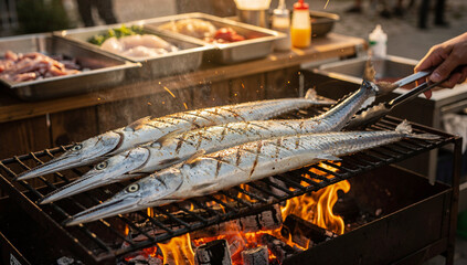 Obraz premium Fresh Whole Needlefish Grilling Over Open Fire Flames on Outdoor BBQ
