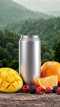 Can mockup template pattern with real fruit organic for fresh drink product on wood table