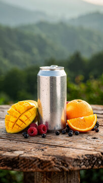 Can mockup template pattern with real fruit organic for fresh drink product on wood table