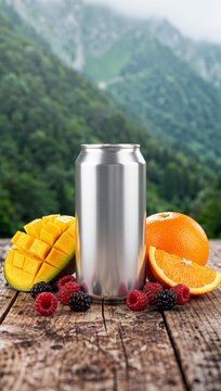 Can mockup template pattern with real fruit organic for fresh drink product on wood table