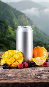 Can mockup template pattern with real fruit organic for fresh drink product on wood table