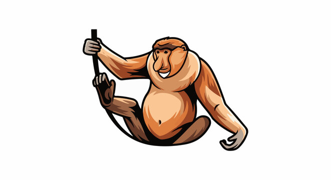 A cheerful, cartoon-style proboscis monkey swings on a dark pole, its large nose prominent