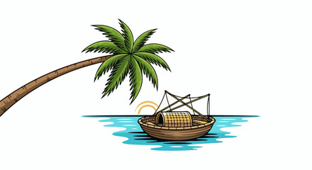 Obraz premium A traditional wooden boat rests on turquoise waters under a leaning palm tree, with a sunrise