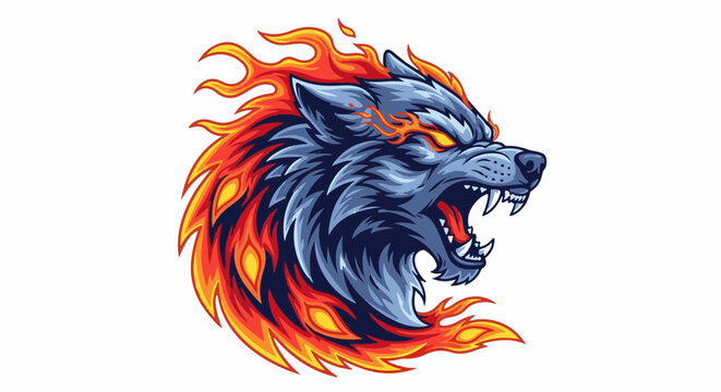 Pixelated wolf head engulfed in fiery flames, snarling ferociously