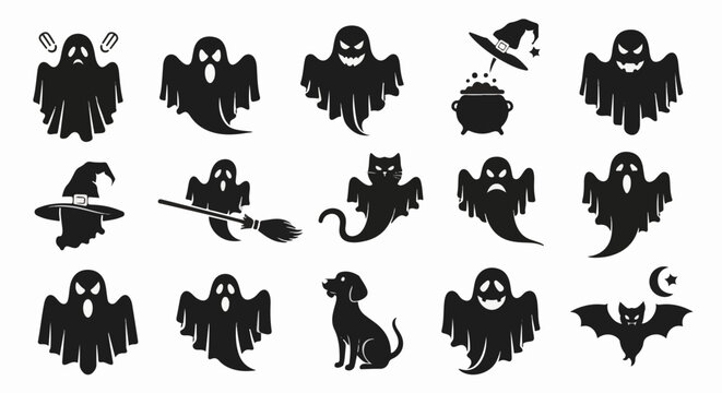 Silhouettes of Halloween-themed characters ghosts, cat, dog, bat, witch's hat, cauldron, and broom